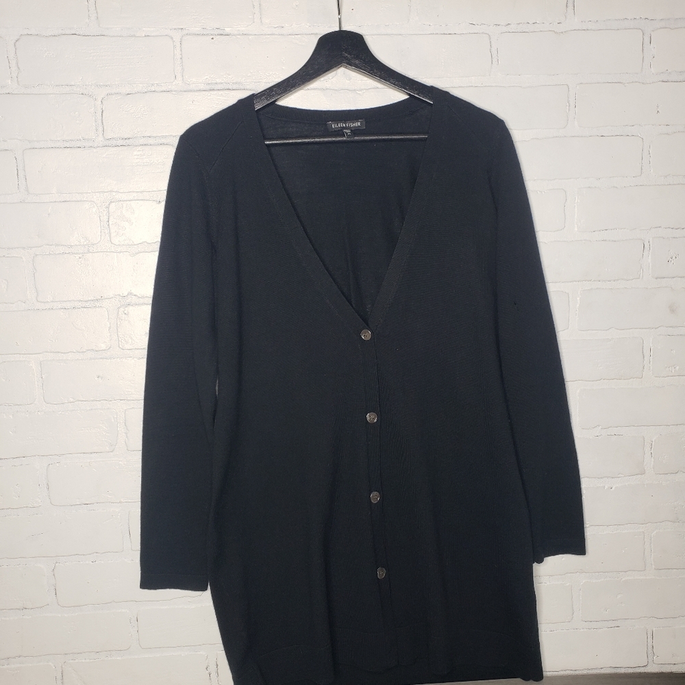 Eileen Fisher Merino Wool Button Up Black Cardigan